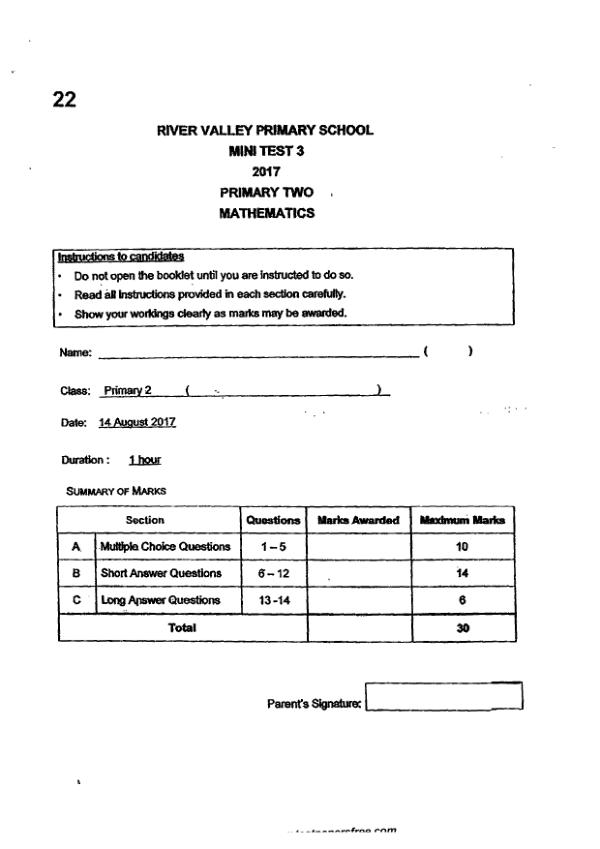First page preview of P2 Math 2017 WA3 — River Valley