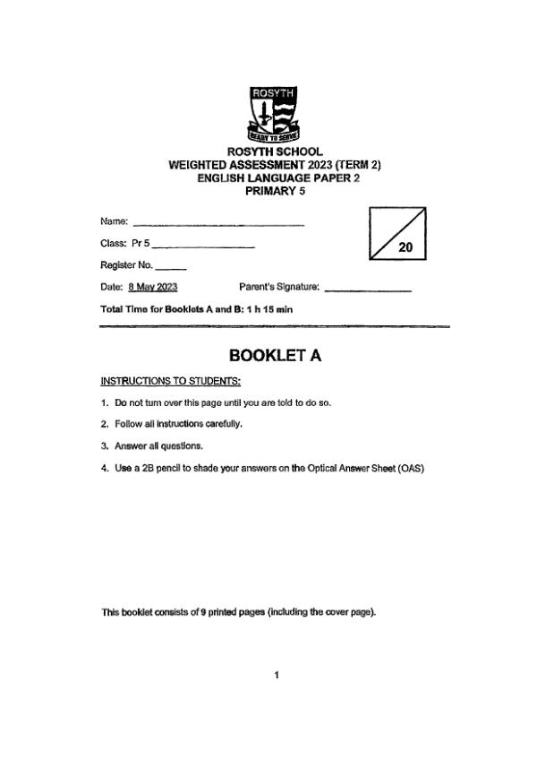 Rosyth P5 Eng WA3 2023 exam paper PDF first page preview
