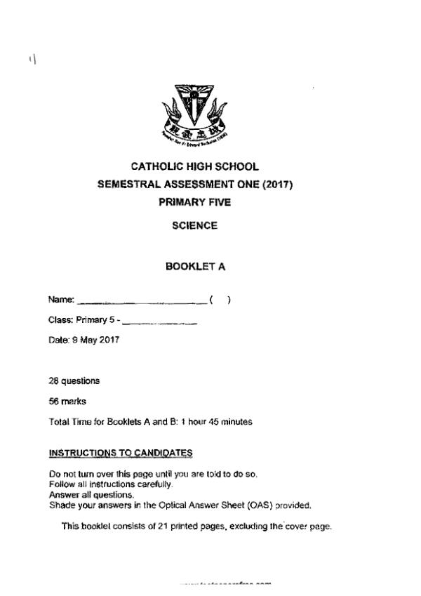 Catholic High P5 Sci WA2 2017 exam paper PDF first page preview