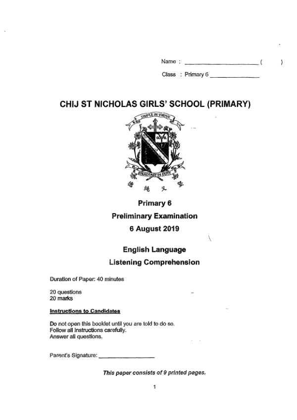 CHIJ P6 Eng SA2 2019 exam paper PDF preview