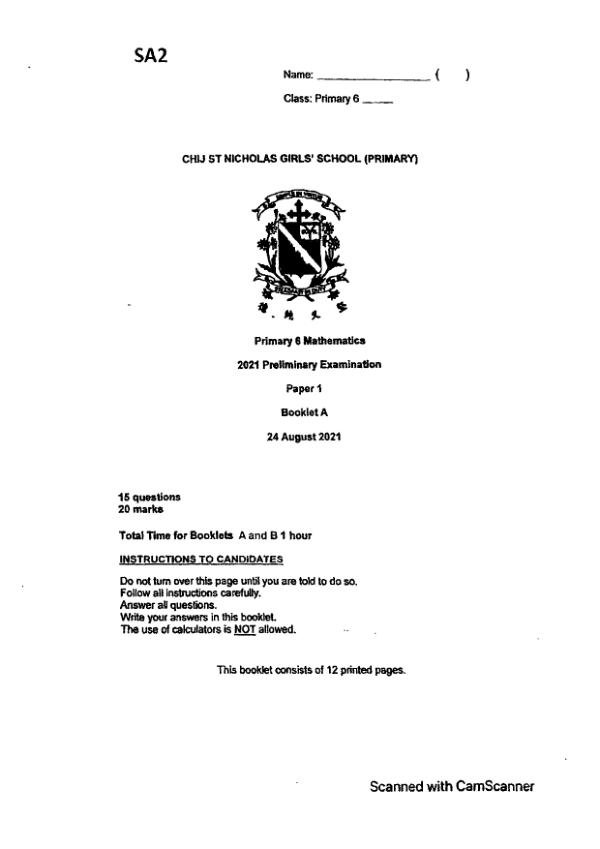 First page preview of P6 Math 2021 SA2 — CHIJ