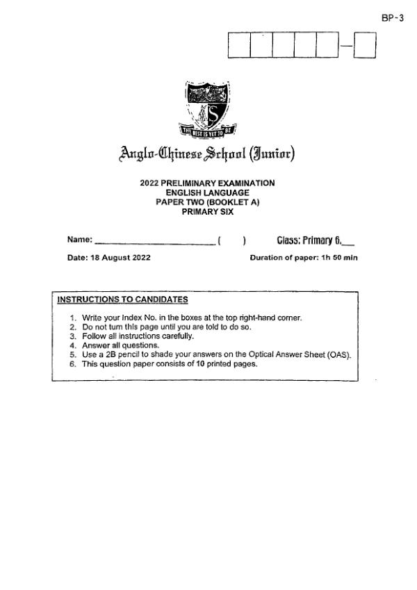 Anglo Chinese P6 Eng SA2 2022 exam paper PDF preview
