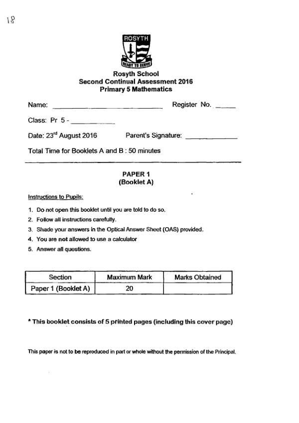 First page preview of P5 Math 2016 WA3 — Rosyth