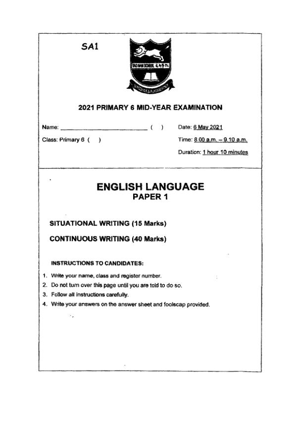 Tao Nan P6 Eng WA2 2021 exam paper PDF first page preview