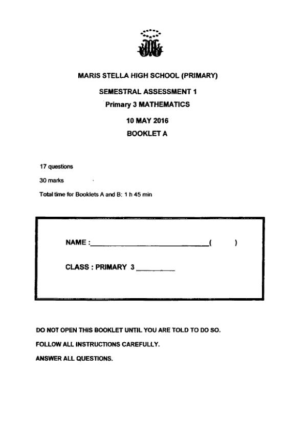 First page preview of P3 Math 2016 WA2 — Maris Stella High