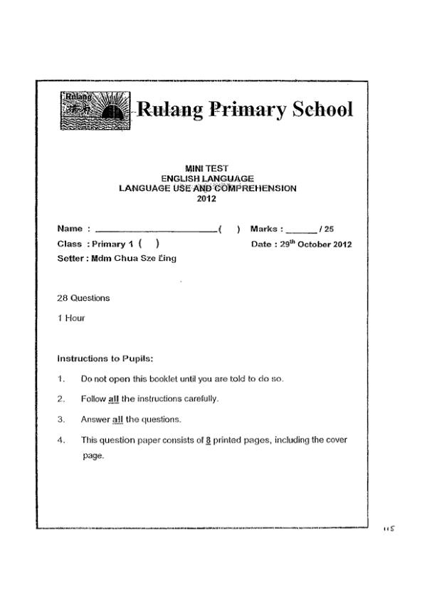Rulang P1 Eng SA2 2012 exam paper PDF preview
