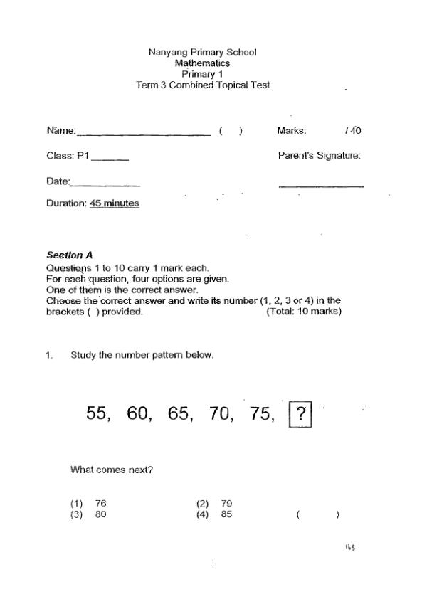 Nanyang P1 Math WA3 2012 exam paper PDF first page preview