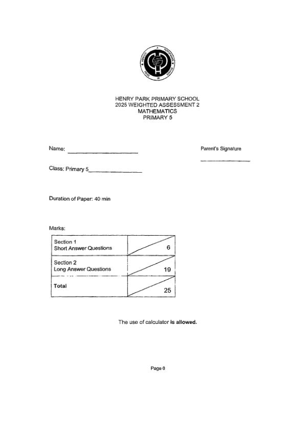 First page preview of P5 Math 2025 WA2 — Henry Park