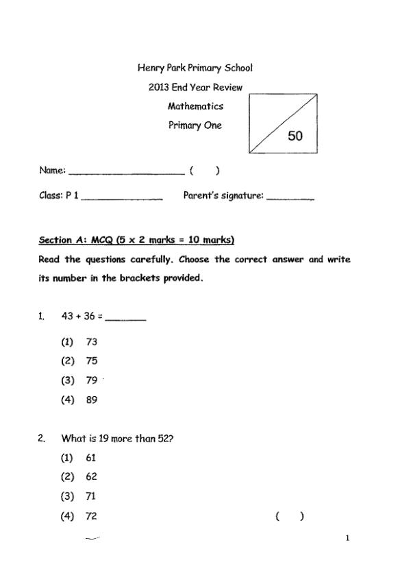 Henry Park P1 Math SA2 2013 exam paper PDF first page preview