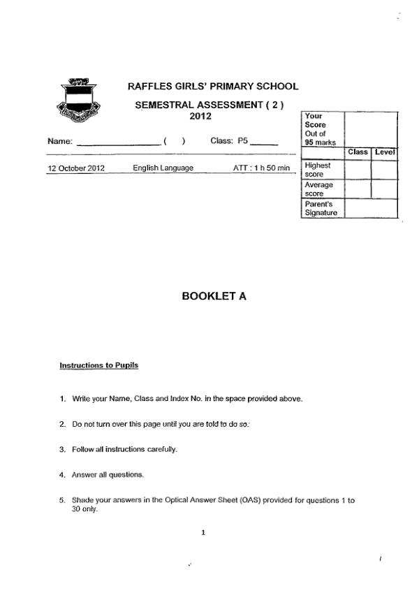 Raffles Girls P5 Eng SA2 2012 exam paper PDF preview
