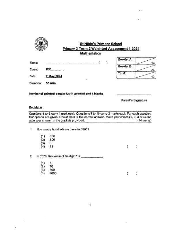 First page preview of P3 Math 2024 WA1 — St Hildas