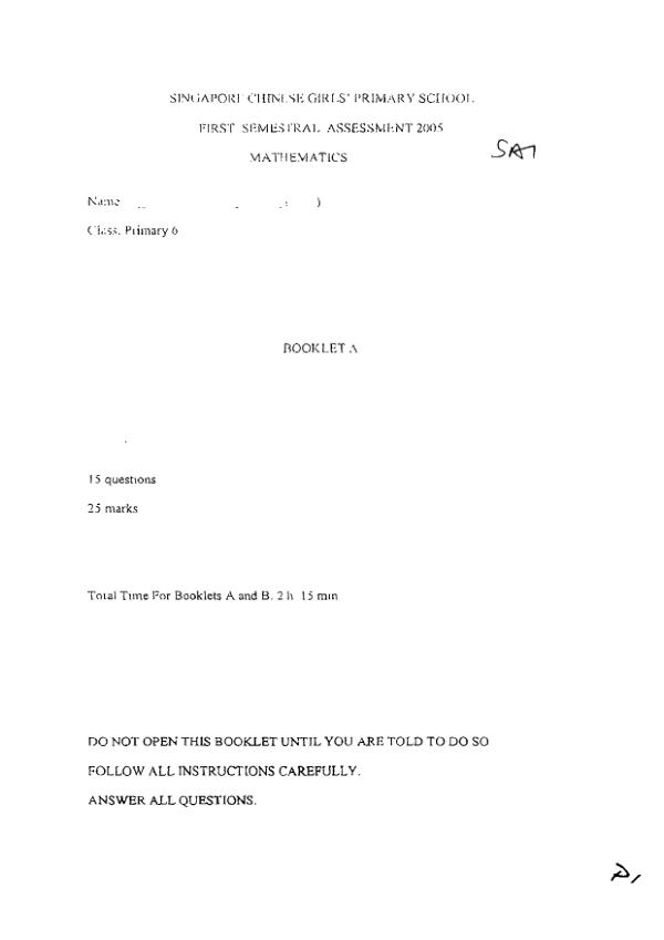 Singapore Chinese Girls P6 Math WA2 2005 exam paper PDF preview
