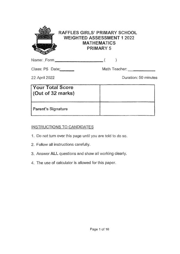 First page preview of P5 Math 2022 WA1 — Raffles Girls