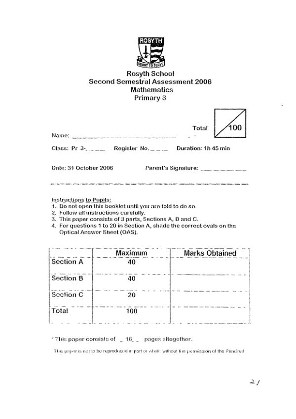 Rosyth P3 Math SA2 2006 exam paper PDF preview