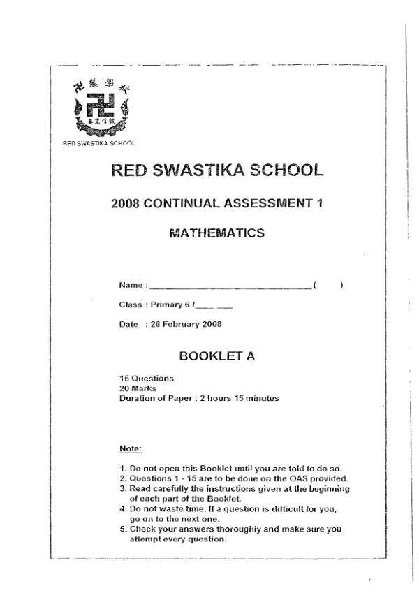 Red Swastika P6 Math WA1 2008 exam paper PDF preview