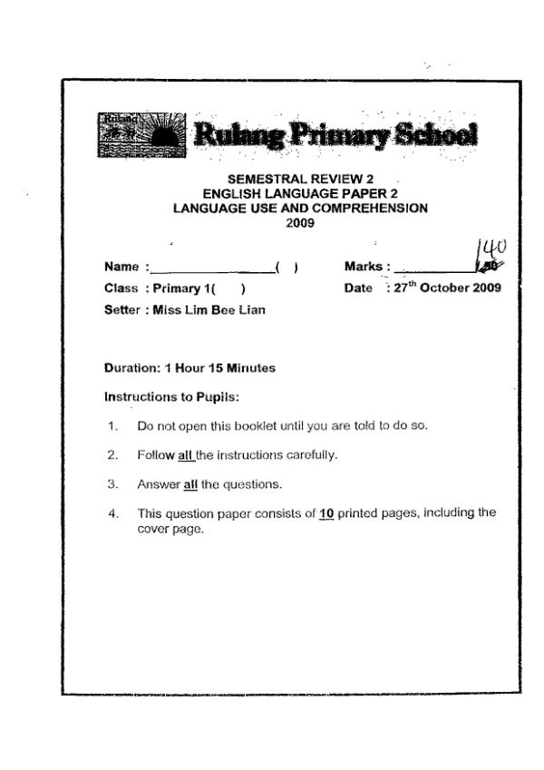 Rulang P1 Eng SA2 2009 exam paper PDF preview