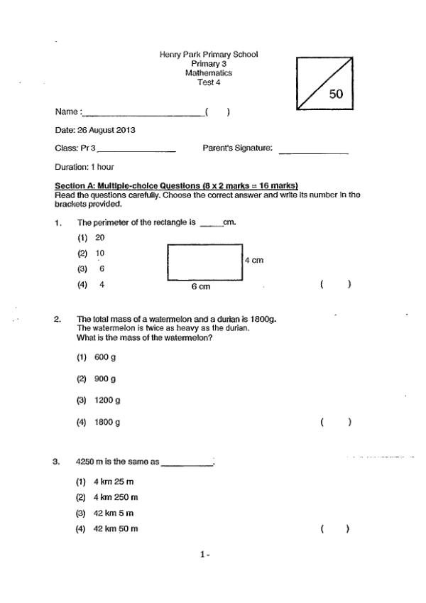 Henry Park P3 Math WA3 2013 exam paper PDF preview