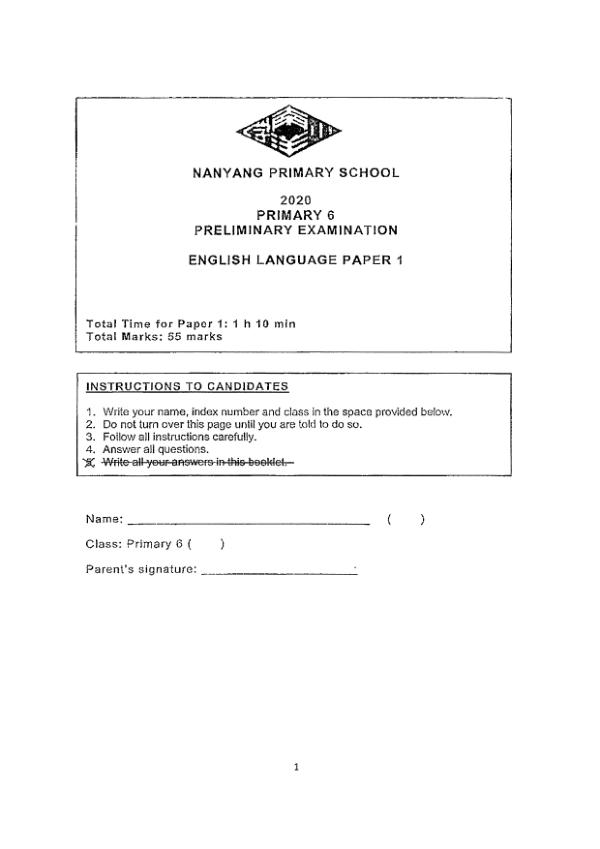 Nanyang P6 Eng SA2 2020 exam paper PDF preview