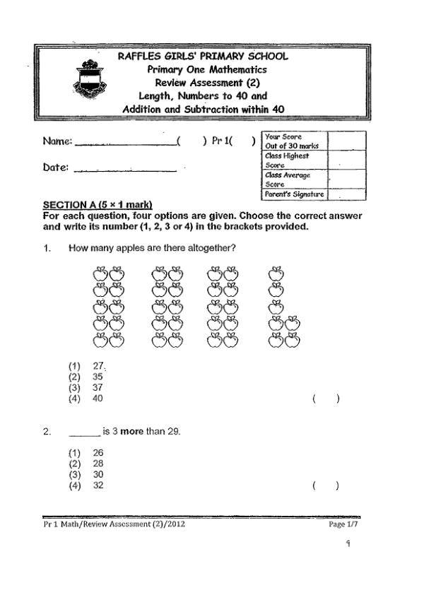 Raffles Girls P1 Math WA3 2012 exam paper PDF first page preview