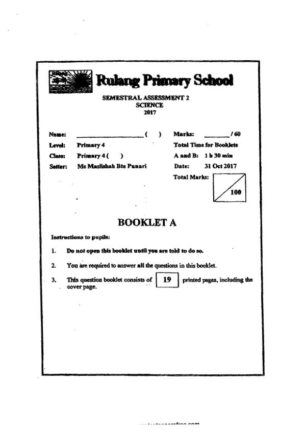 Rulang P4 Sci SA2 2017 exam paper PDF preview