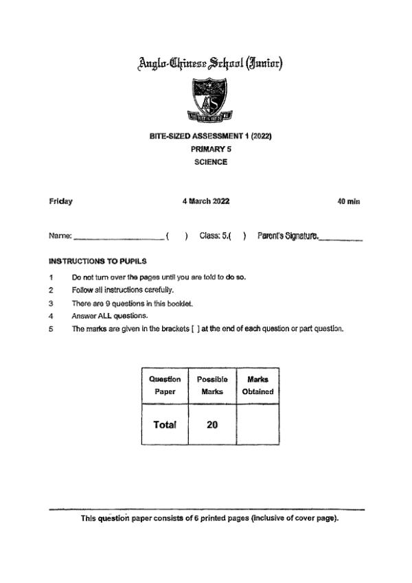 Anglo Chinese P5 Sci WA1 2022 exam paper PDF first page preview