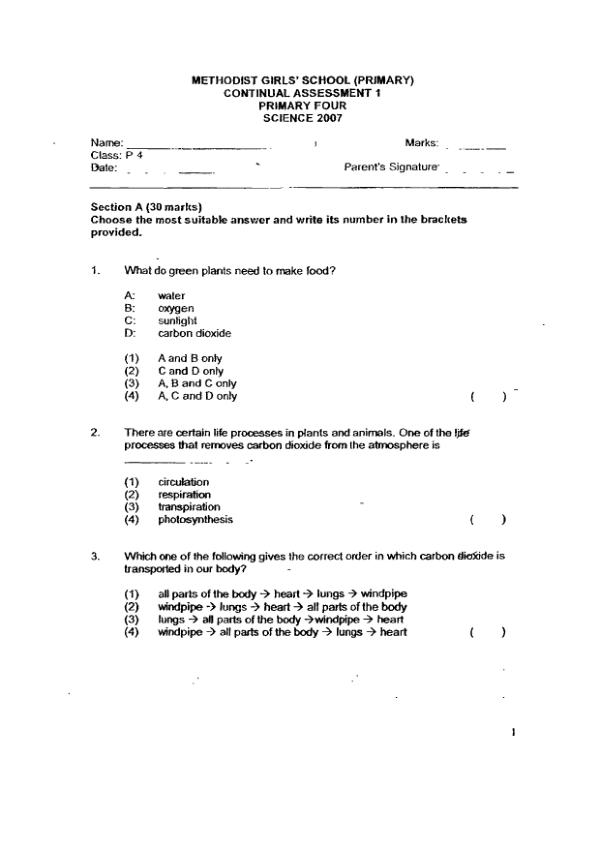 Methodist Girls P4 Sci WA1 2007 exam paper PDF preview