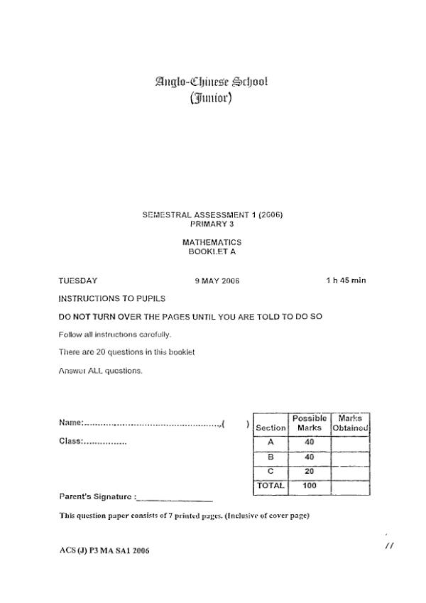 Anglo Chinese P3 Math WA2 2006 exam paper PDF first page preview