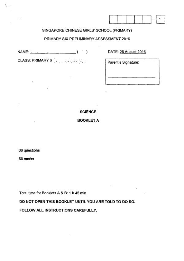 Singapore Chinese Girls P6 Sci SA2 2016 exam paper PDF preview