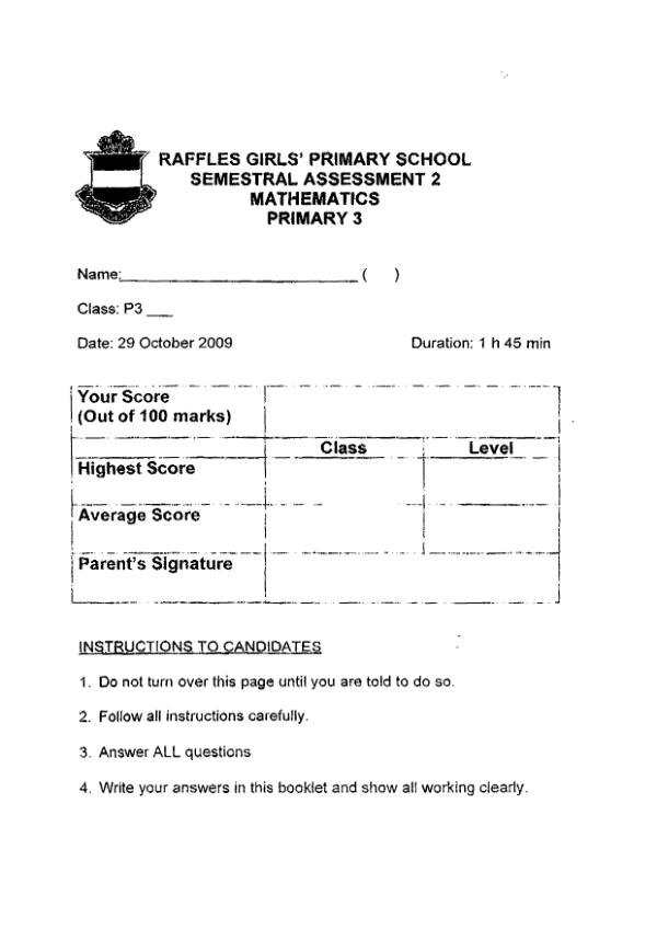 Raffles Girls P3 Math SA2 2009 exam paper PDF preview