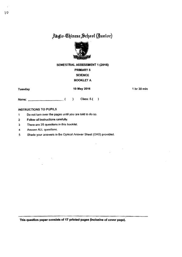 Anglo Chinese P5 Sci WA2 2016 exam paper PDF first page preview