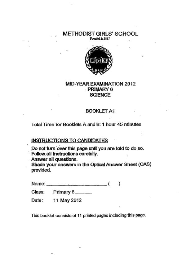 Methodist Girls P6 Sci WA2 2012 exam paper PDF preview