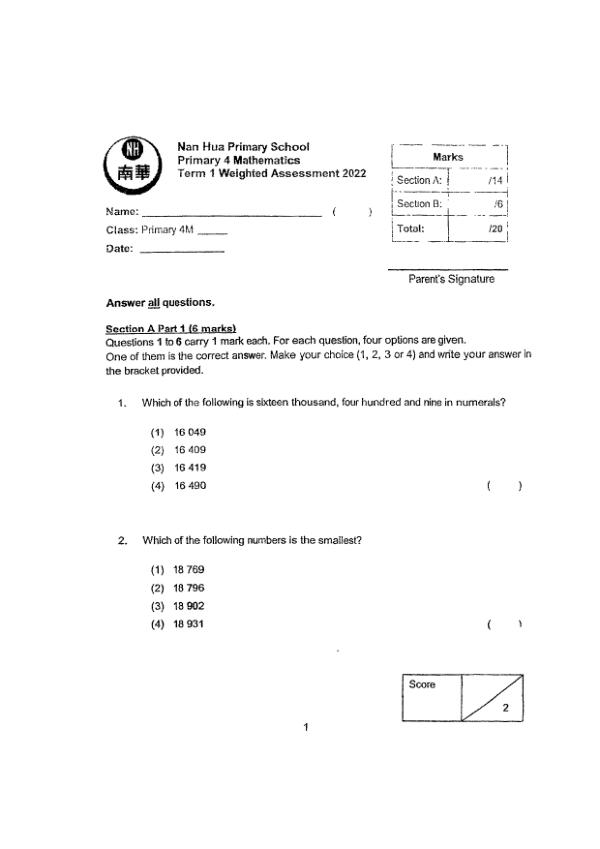 First page preview of P4 Math 2022 WA1 — Nan Hua