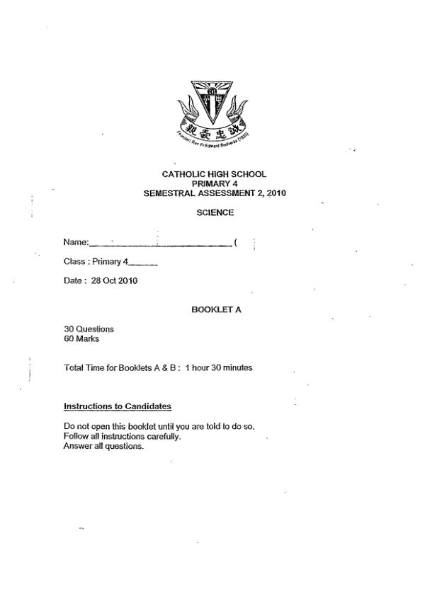Catholic High P4 Sci SA2 2010 exam paper PDF preview