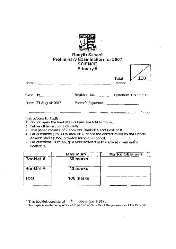 Rosyth P6 Sci SA2 2007 exam paper PDF preview