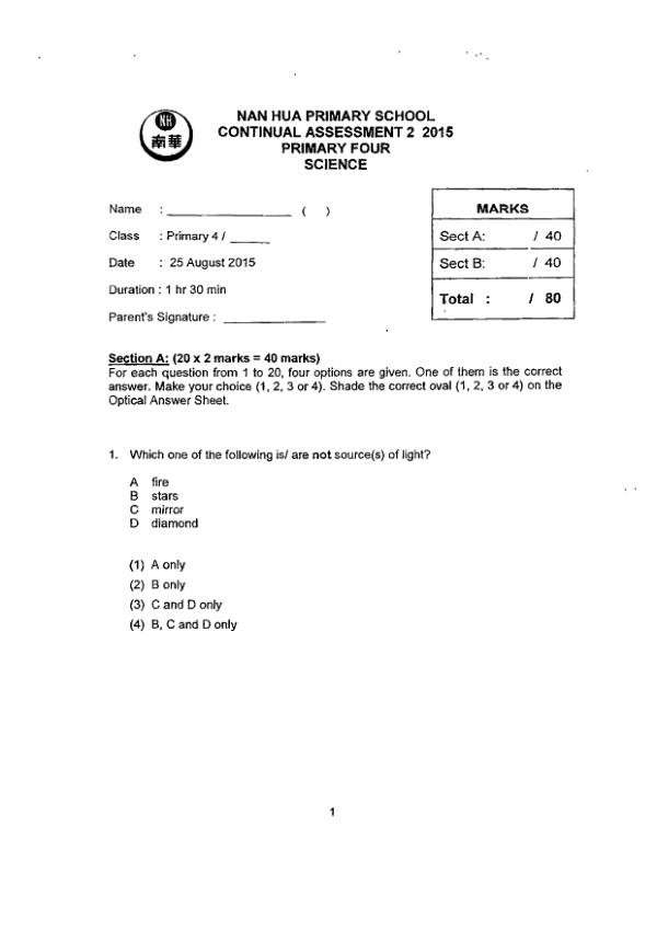 Nan Hua P4 Sci WA3 2015 exam paper PDF preview