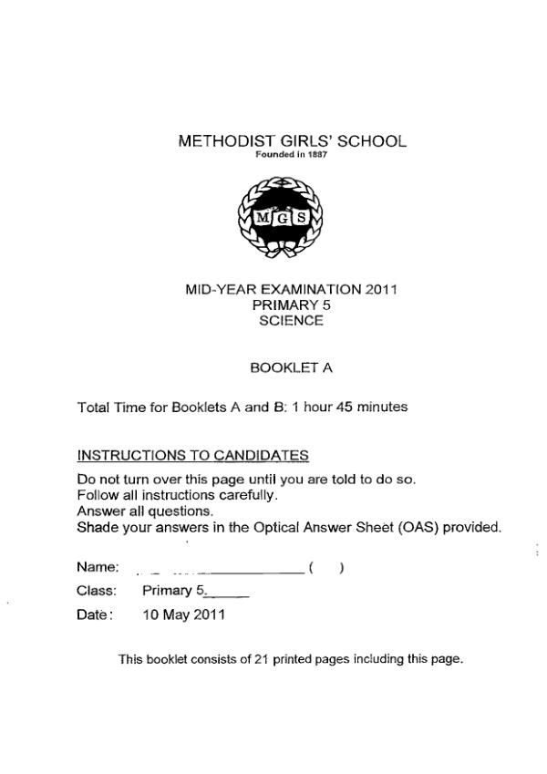 Methodist Girls P5 Sci WA2 2011 exam paper PDF preview