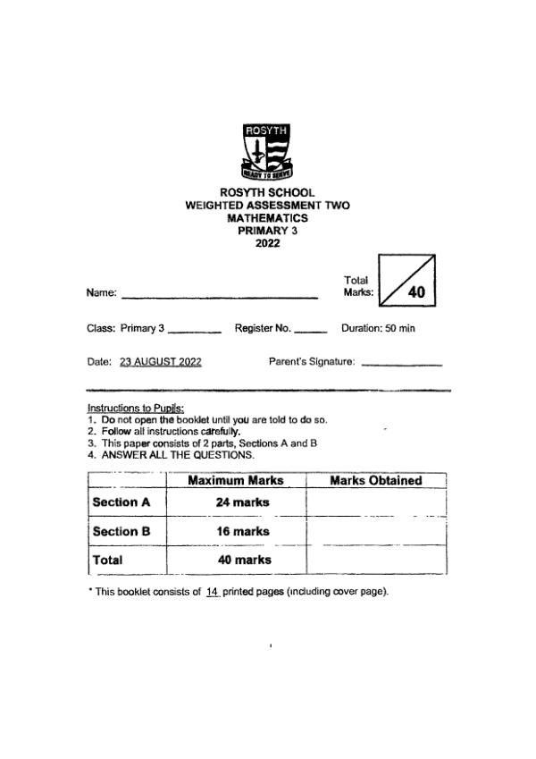 First page preview of P3 Math 2022 WA3 — Rosyth