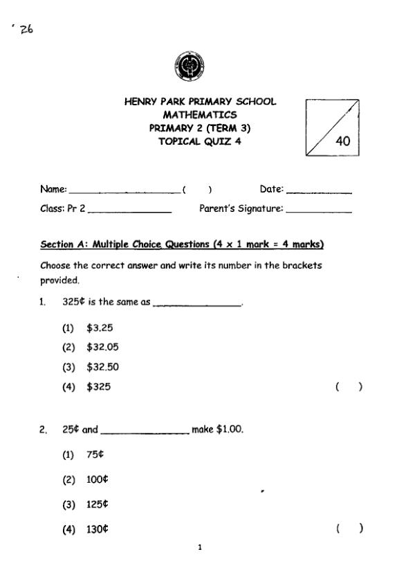 First page preview of P2 Math 2016 WA3 — Henry Park