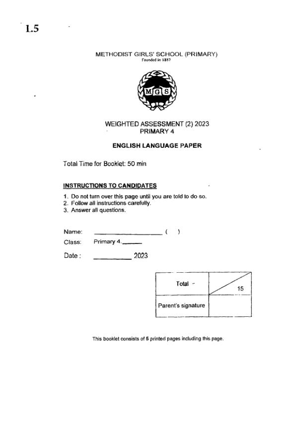 Methodist Girls P4 Eng WA2 2023 exam paper PDF first page preview