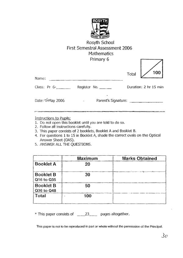 Rosyth P6 Math WA2 2006 exam paper PDF preview