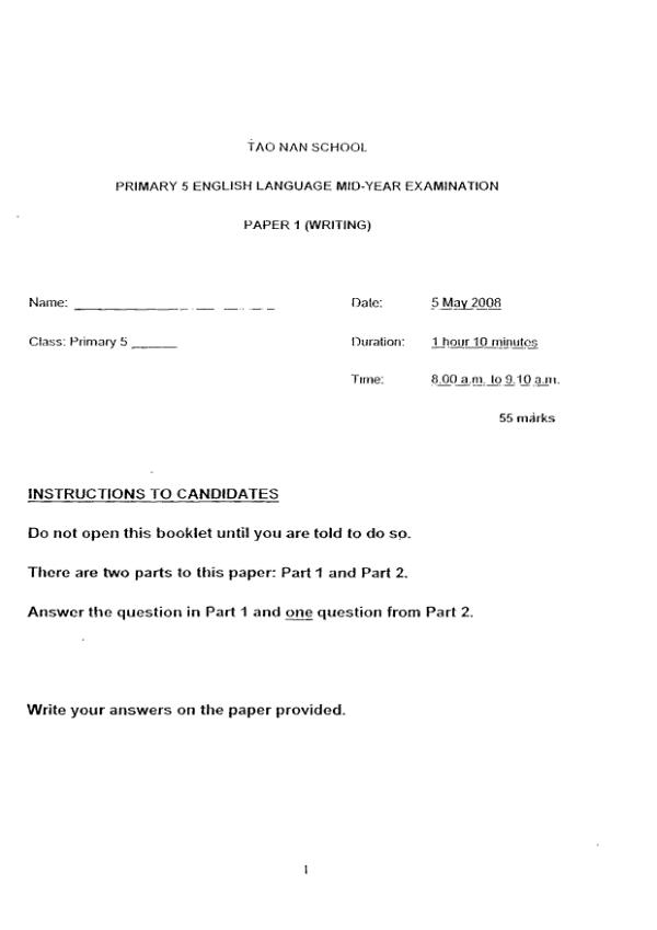 Tao Nan P5 Eng WA2 2008 exam paper PDF preview