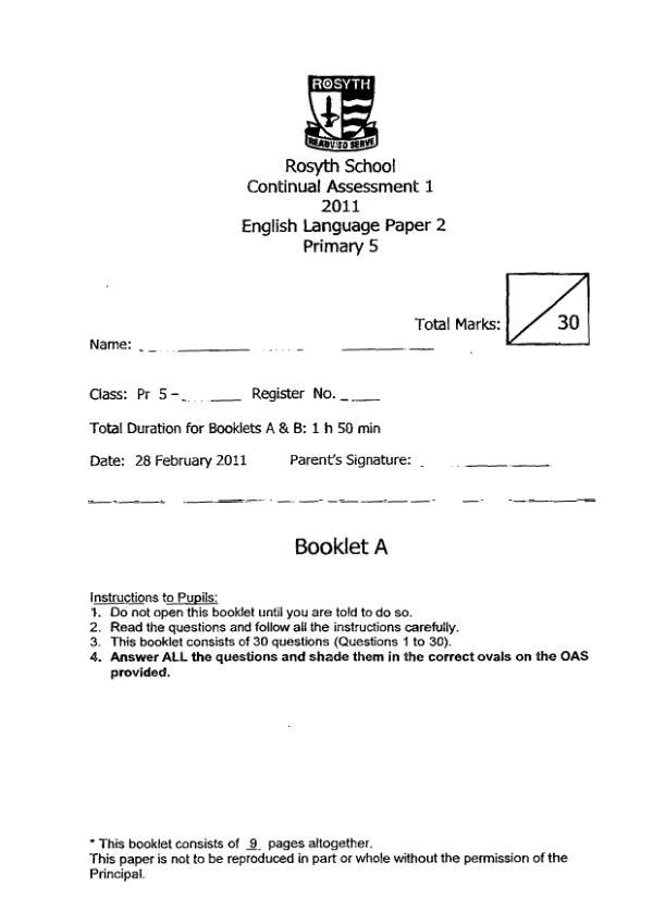 Rosyth P5 Eng WA1 2011 exam paper PDF preview
