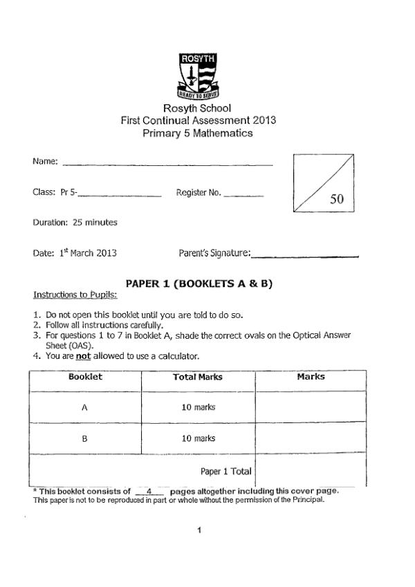 Rosyth P5 Math WA1 2013 exam paper PDF preview