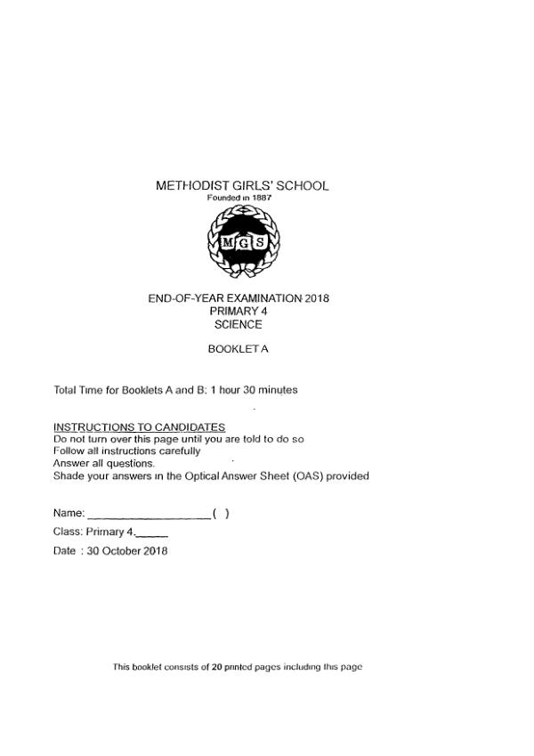 Methodist Girls P4 Sci SA2 2018 exam paper PDF first page preview