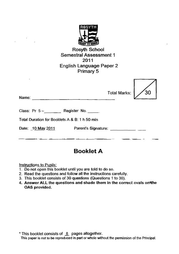 Rosyth P5 Eng WA2 2011 exam paper PDF preview