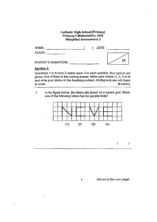 First page preview of P3 Math 2024 WA3 — Catholic High