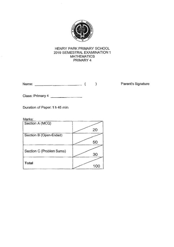 First page preview of P4 Math 2019 WA2 — Henry Park