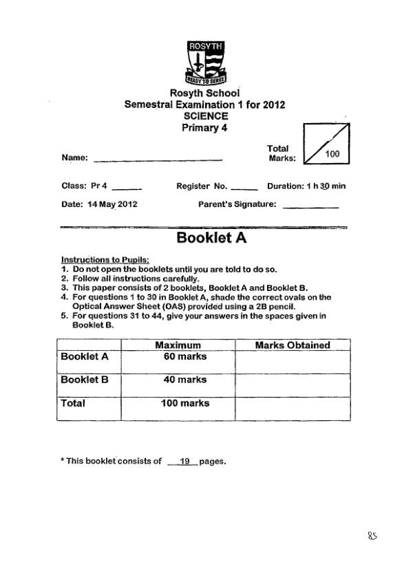 Rosyth P4 Sci WA2 2012 exam paper PDF preview