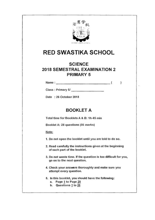 Red Swastika P5 Sci SA2 2018 exam paper PDF first page preview