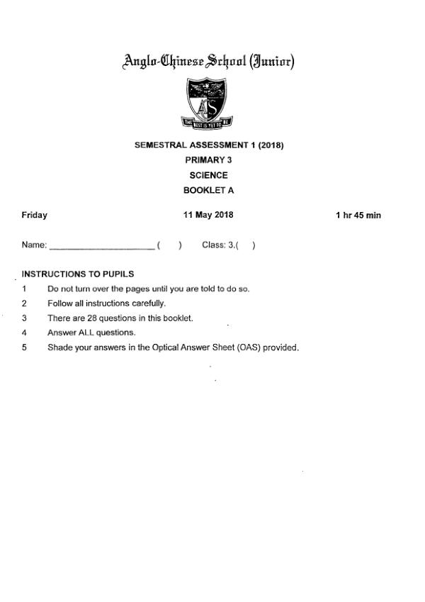 Anglo Chinese P3 Sci WA2 2018 exam paper PDF first page preview